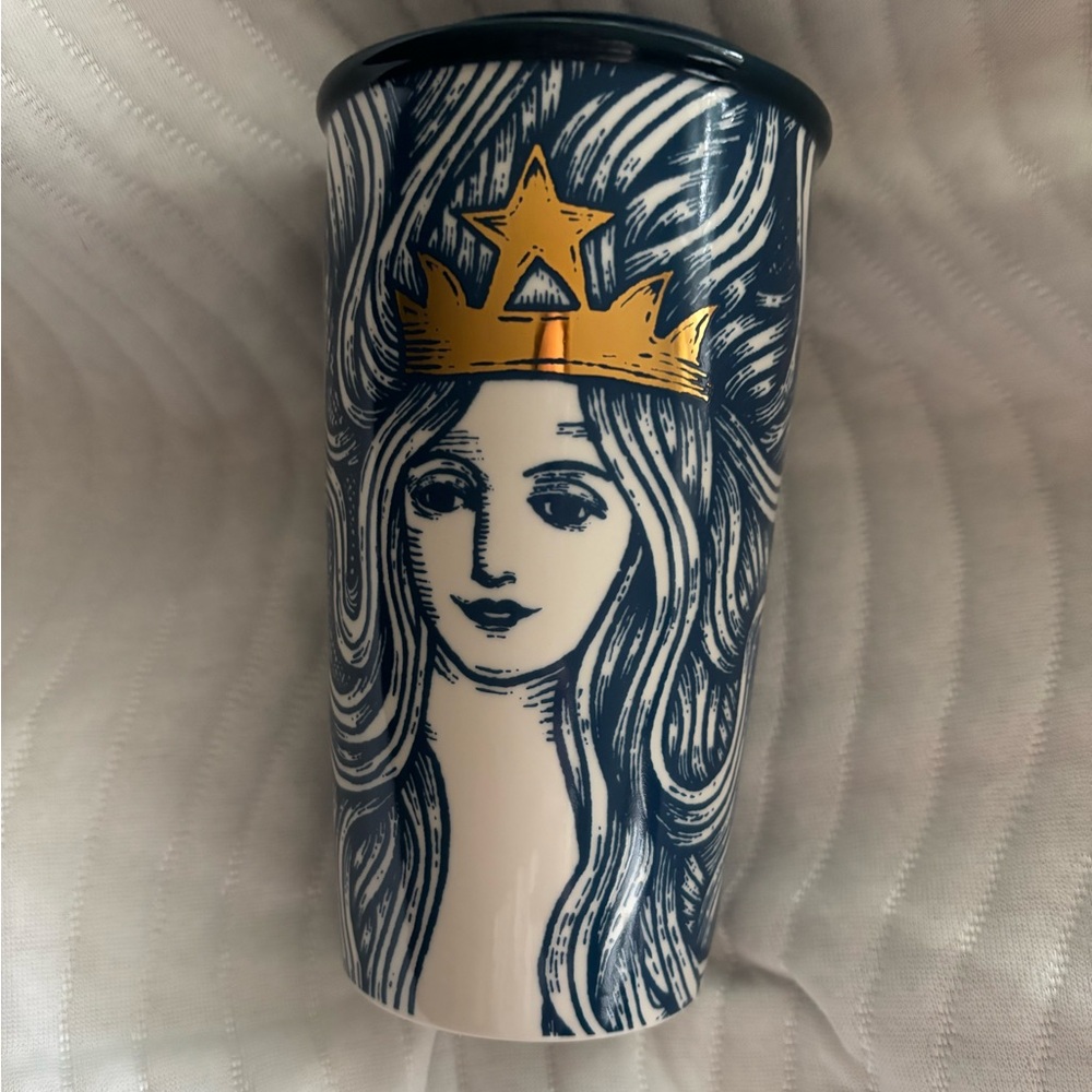 Starbucks Navy, White & Gold Siren Crown Ceramic Tumbler